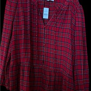 LOFT Red Plaid Peplum Blouse XL